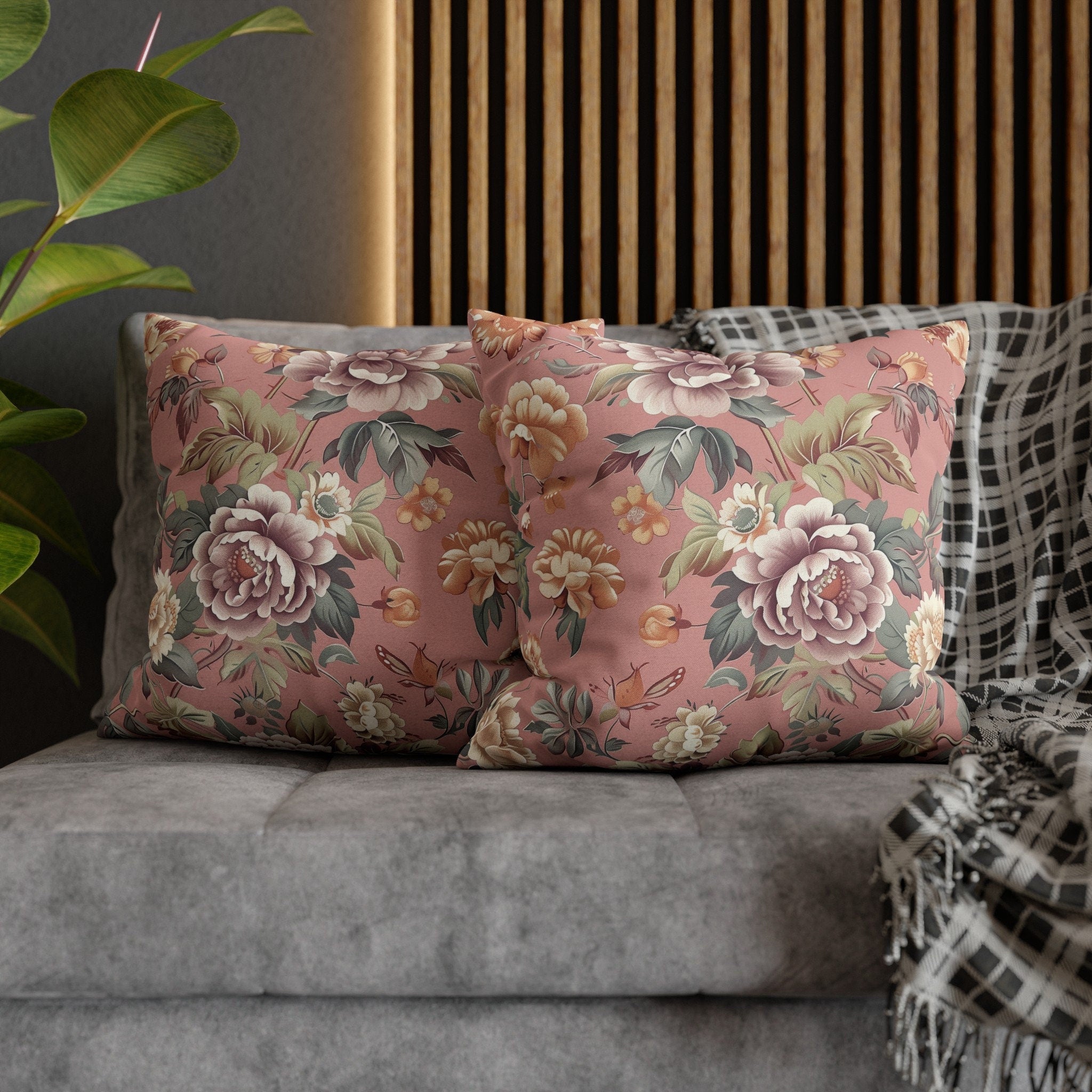 Rococo-Inspired Floral Pillow Cover: Dusty Pink Elegance with Mauve, Cream, Peach & Green Blooms