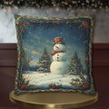 Oil Painting Style Christmas Pillow Cover: Snowman & Blue Forest Scene