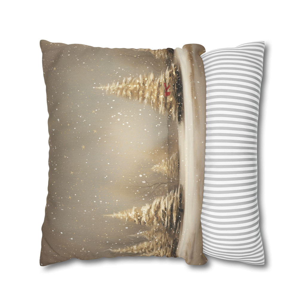 Snowy Golden Christmas Pillow Cover: Flocked Pine Tree Illustration on Square Cushion Case