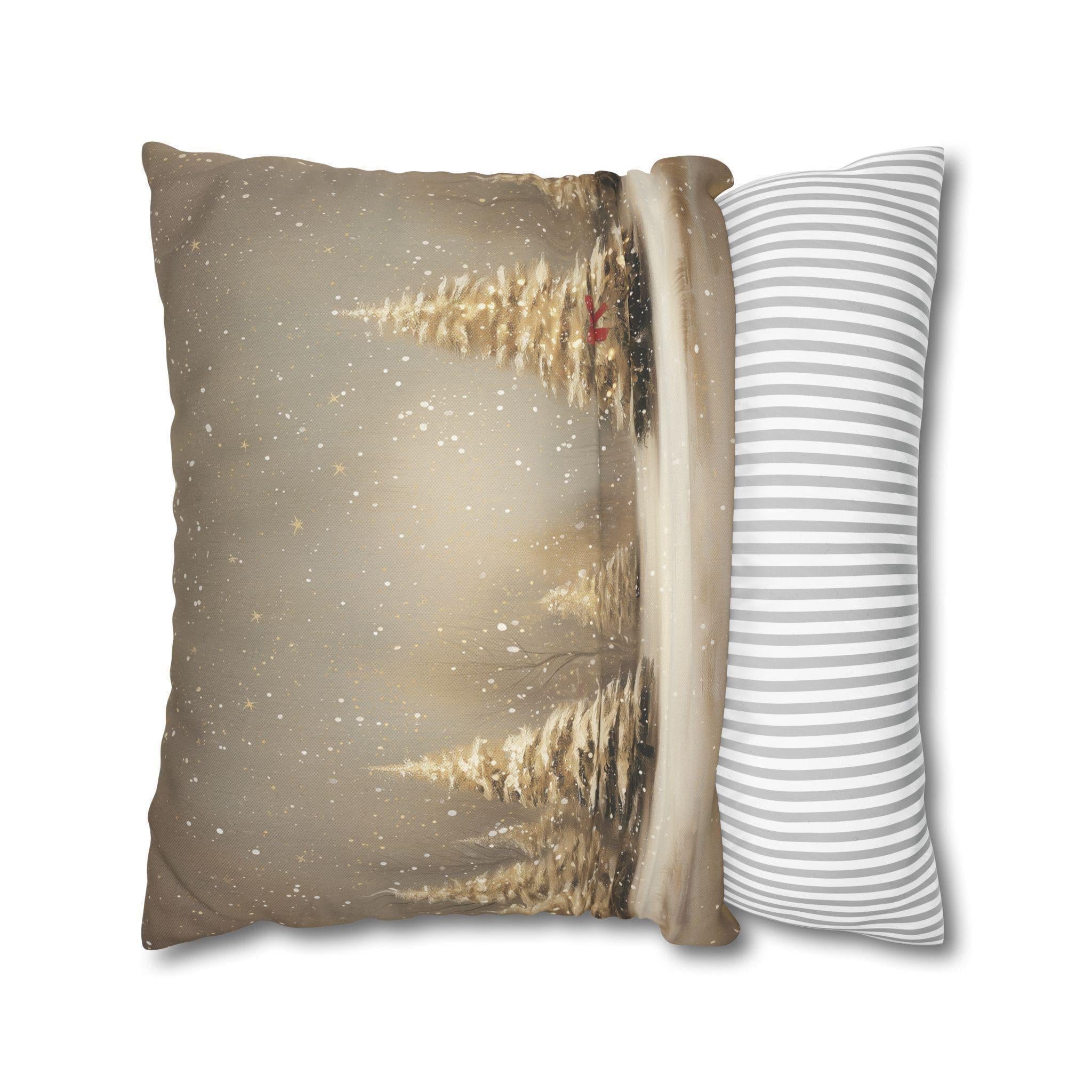 Snowy Golden Christmas Pillow Cover: Flocked Pine Tree Illustration on Square Cushion Case