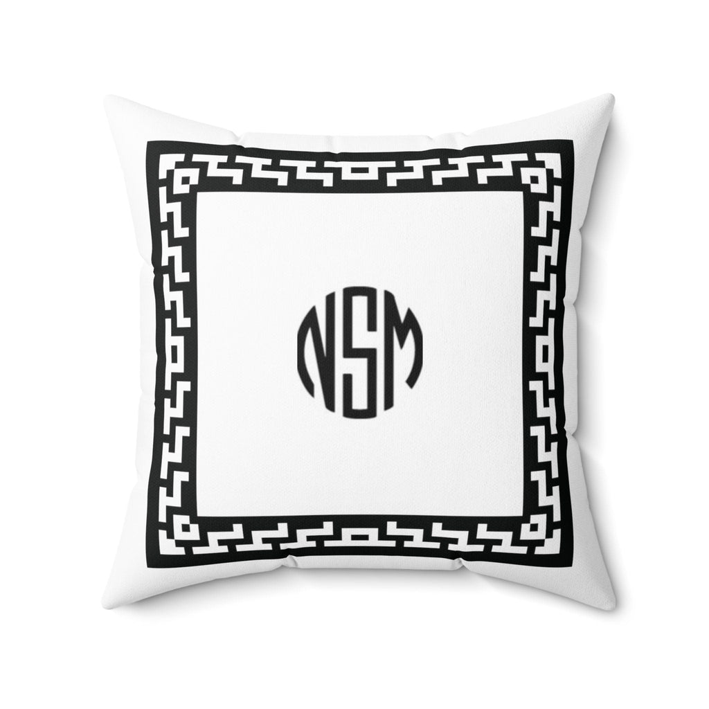Personalized White Faux Suede Pillow with Greek Key Border and Custom Monogram Initials