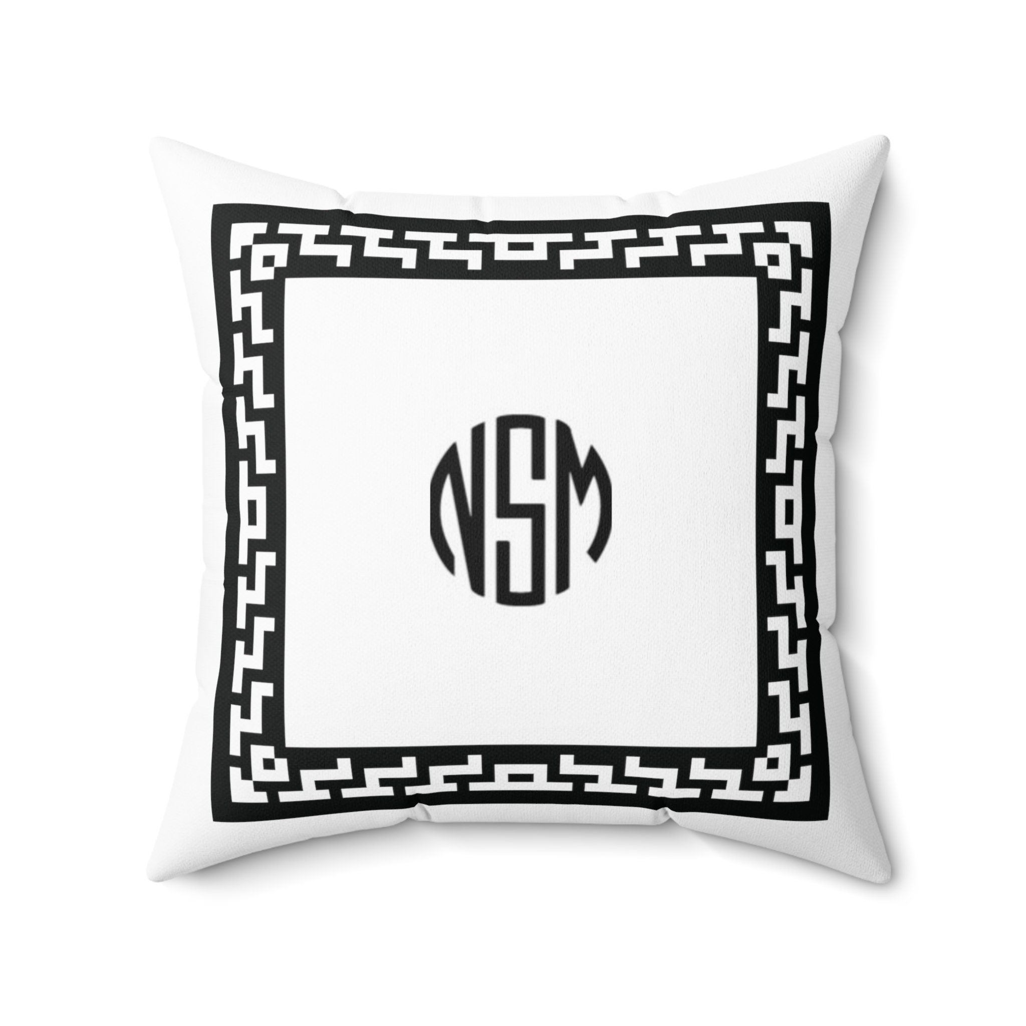 Personalized White Faux Suede Pillow with Greek Key Border and Custom Monogram Initials