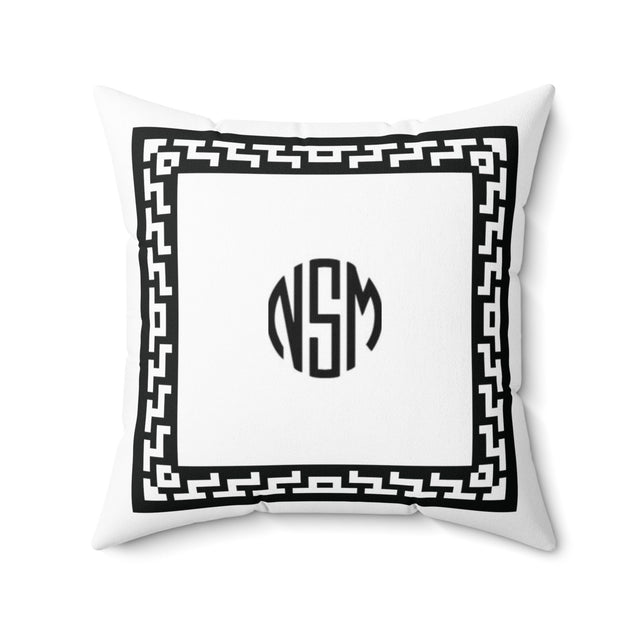 Personalized White Faux Suede Pillow with Greek Key Border and Custom Monogram Initials