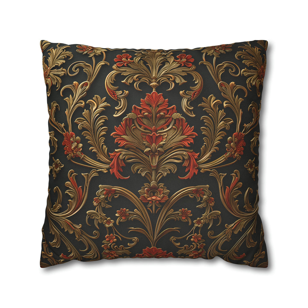 Classic Baroque Pattern Pillow Cover | Dark Background with Red & Gold | Traditional Elegance