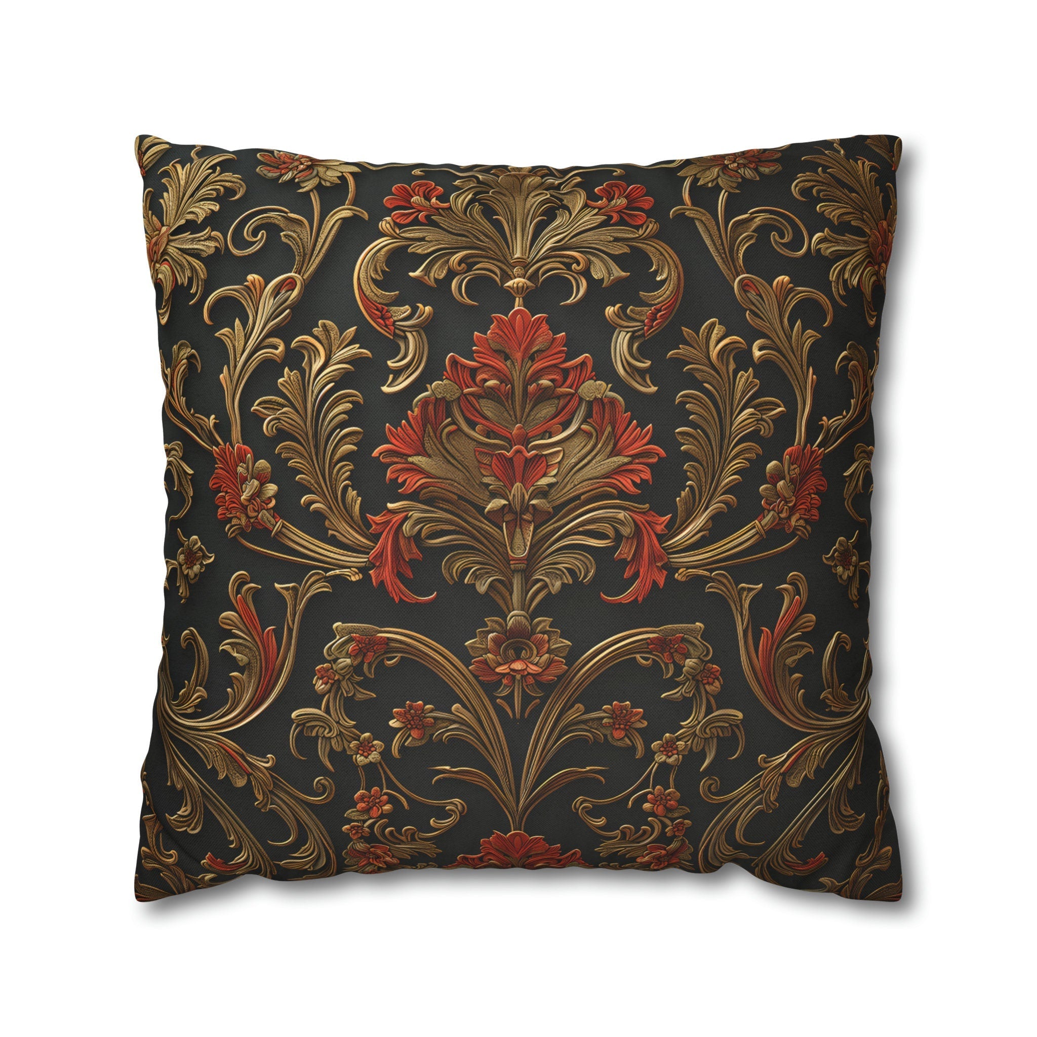 Classic Baroque Pattern Pillow Cover | Dark Background with Red & Gold | Traditional Elegance