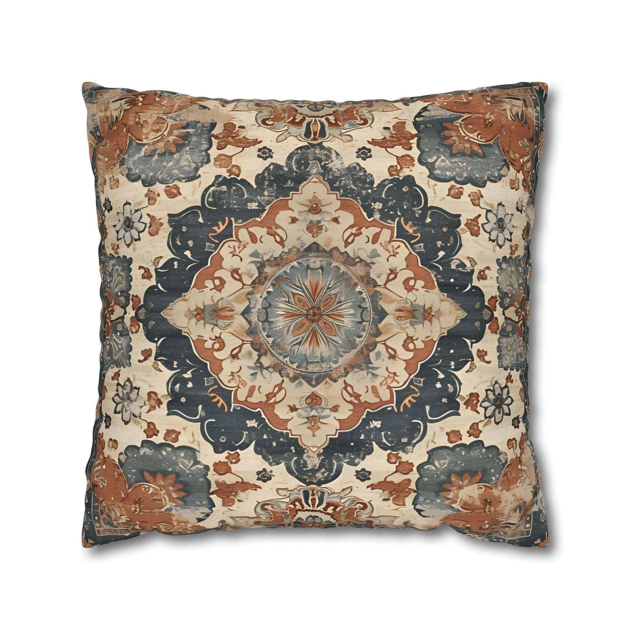 Persian-Inspired Medallion Pillow Cover: Indigo, Terracotta & Cream Vintage Mediterranean Decor