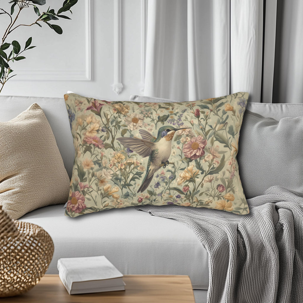 William Morris Inspired Hummingbird Tapestry Lumbar Pillow - Botanical Arts & Crafts Floral Cushion