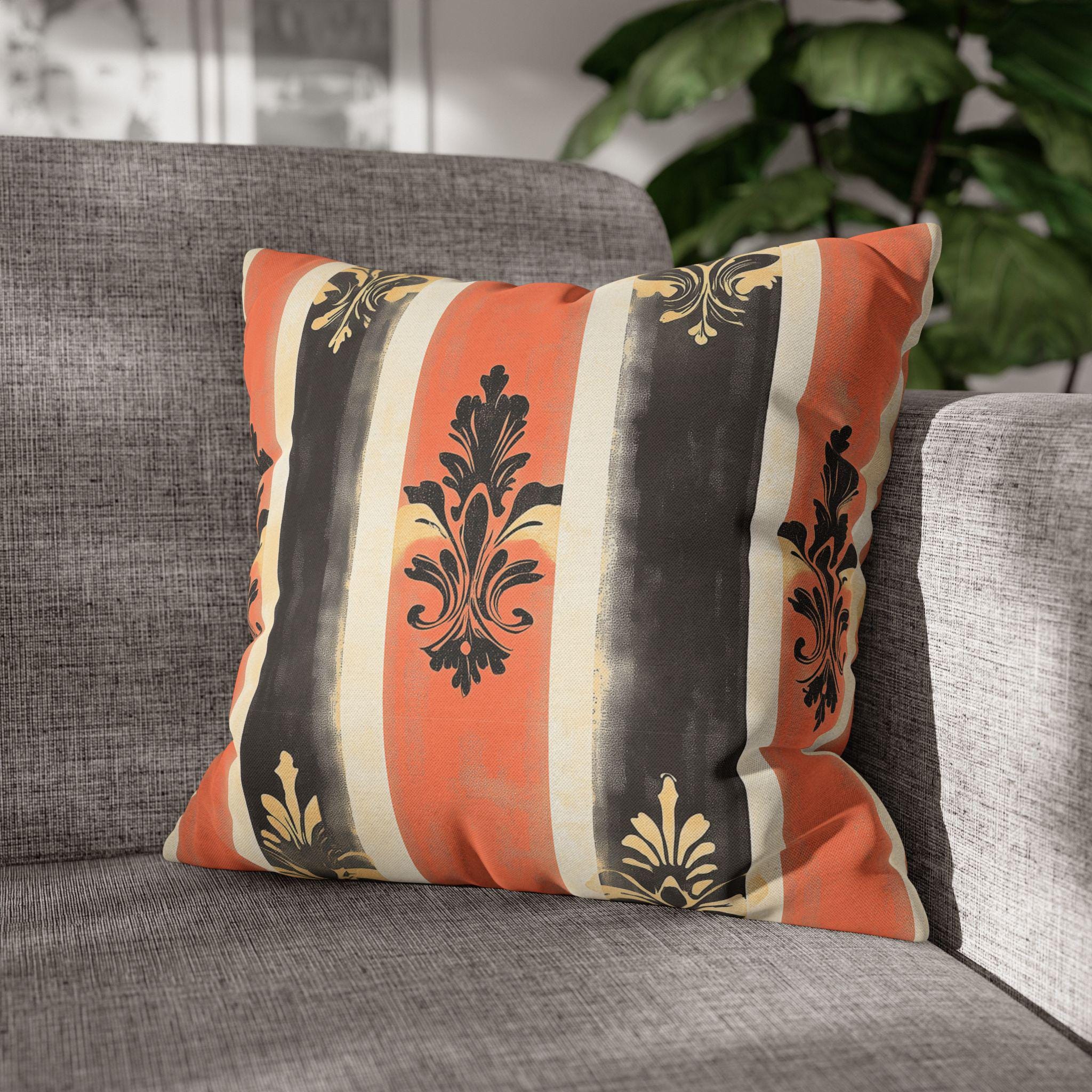 Elegant Farmhouse Patriotic Pillow Cover: Red, White & Navy Stripes with Gold Damask Floral Motifs