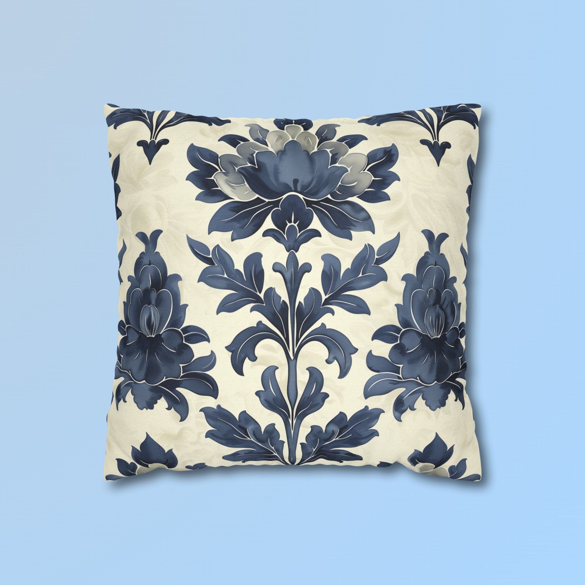 Elegant Blue Floral Damask Throw Pillow Cover: French Country Farmhouse Cottagecore Vintage Decor