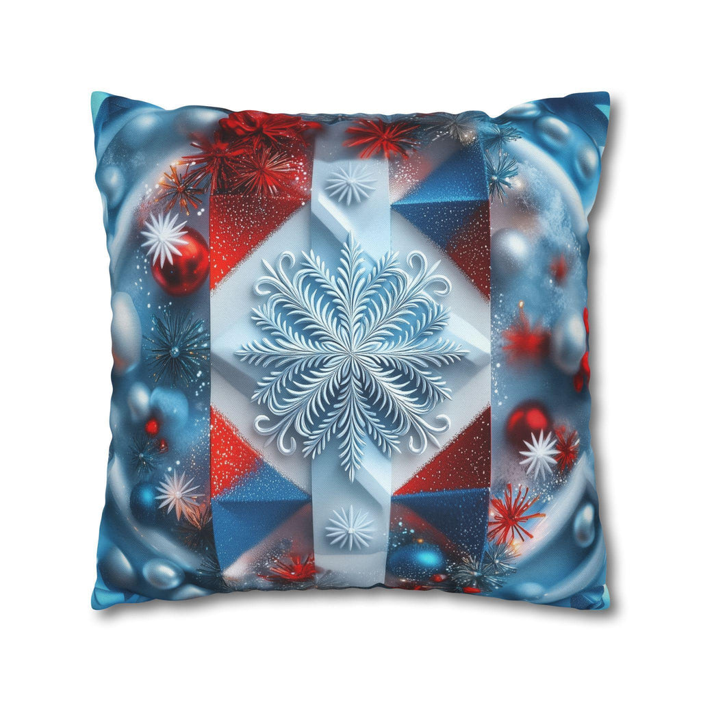 Winter Snowflake Pillow Cover, Geometric Holiday Throw Cushion, Red White Blue