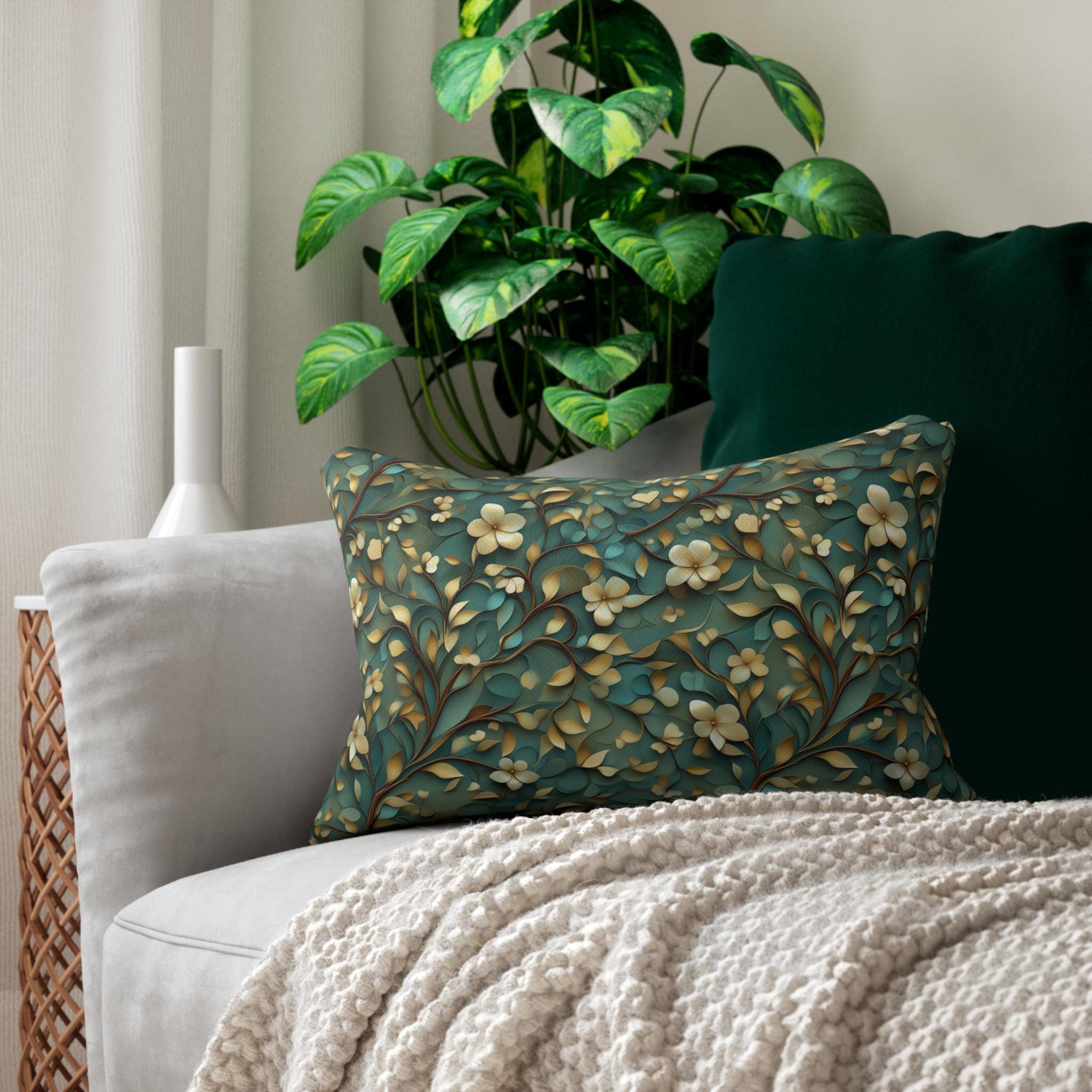 Luxurious William Morris Inspired Floral Lumbar Pillow: Green & Gold Botanical Design