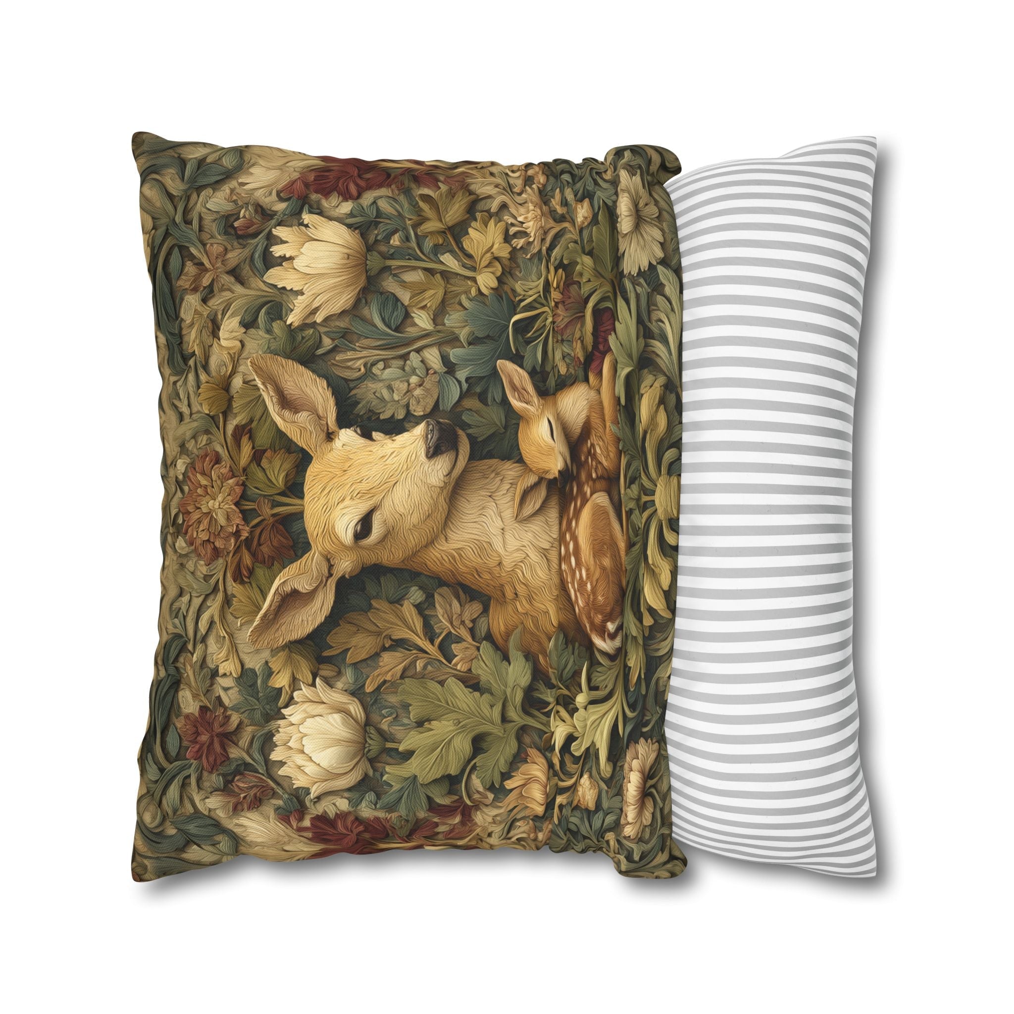 William Morris Inspired Pillow Cover:   Woodland Botanical Doe and Fawn