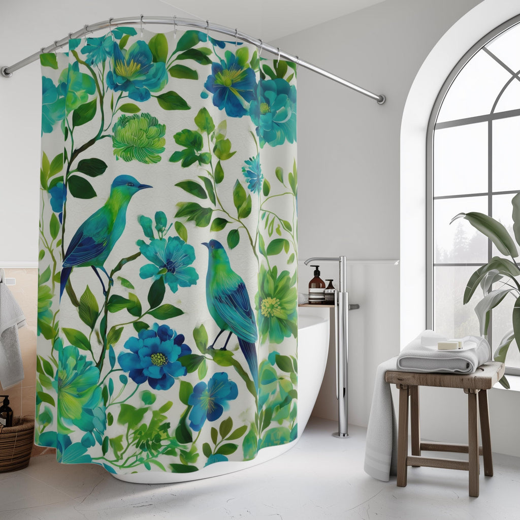 Elegant Chinoiserie Shower Curtain: Blue-Green Birds & Blossoms for Nature-Inspired Bath Decor