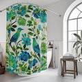 Elegant Chinoiserie Shower Curtain: Blue-Green Birds & Blossoms for Nature-Inspired Bath Decor