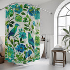 Elegant Chinoiserie Shower Curtain: Blue-Green Birds & Blossoms for Nature-Inspired Bath Decor