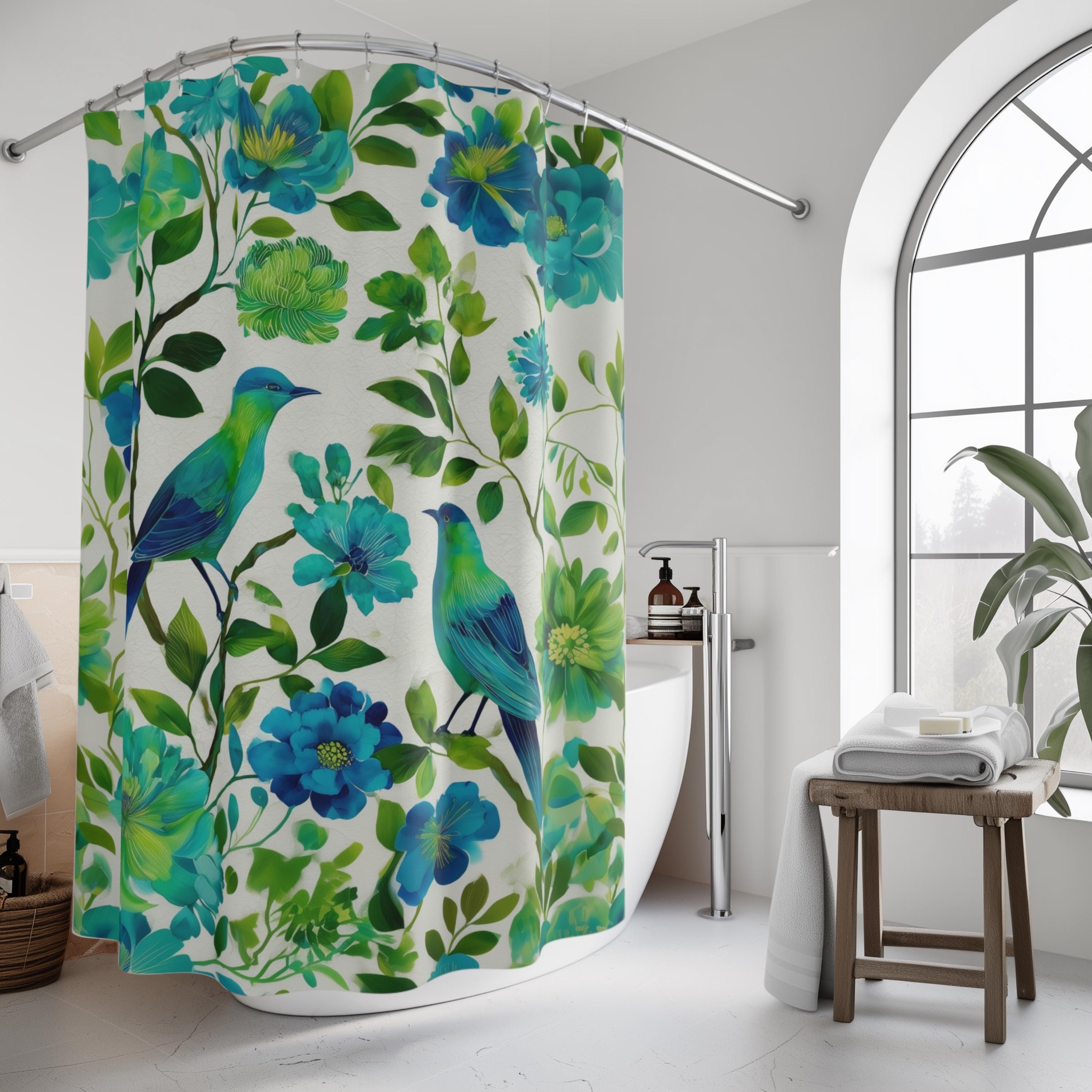 Elegant Chinoiserie Shower Curtain: Blue-Green Birds & Blossoms for Nature-Inspired Bath Decor