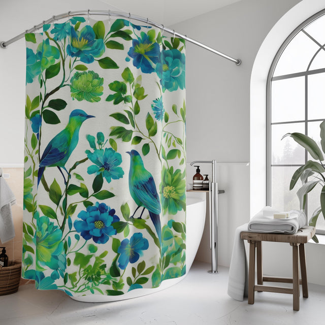 Elegant Chinoiserie Shower Curtain: Blue-Green Birds & Blossoms for Nature-Inspired Bath Decor