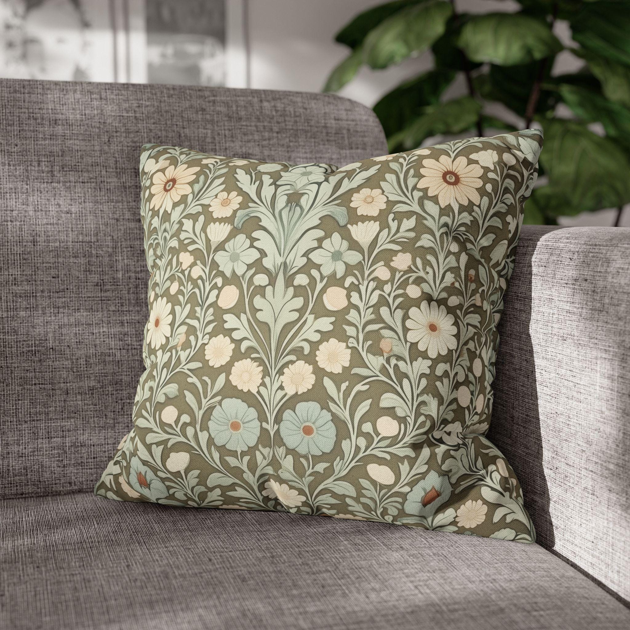 William Morris Inspired Botanical Pillow Cover: Sage, Cream & Peach Floral Pattern Cushion Case