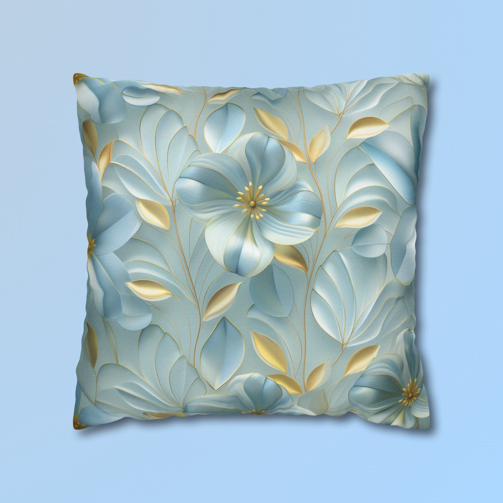 Blue Magnolia Throw Pillow Cover: Gold Leaf Floral Cushion