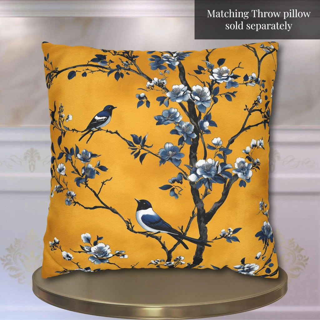Elegant Chinoiserie Table Runner: Mustard Yellow with Black Birds, Asian-Inspired Dining Decor