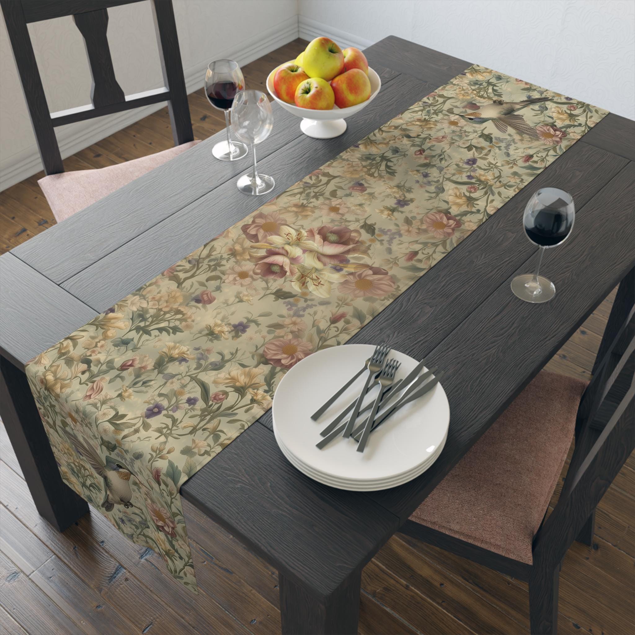 William Morris Inspired Botanical Table Runner: Vintage Style Floral Hummingbird Garden Dining Decor
