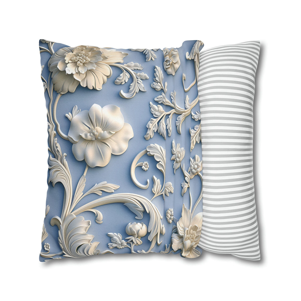 Elegant Chinoiserie Floral Pillow Cover: Soft White & Grey on Powder Blue, Timeless Asian-Inspired Decor