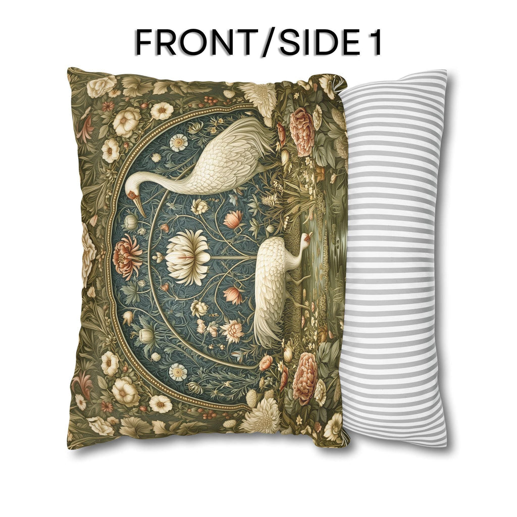 William Morris Style Throw Pillow Cover: Cranes and Marsh Botanicals