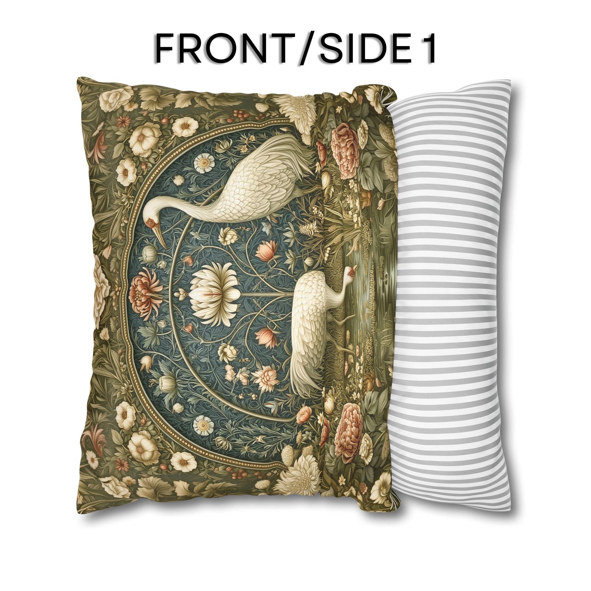 William Morris Style Throw Pillow Cover: Cranes and Marsh Botanicals