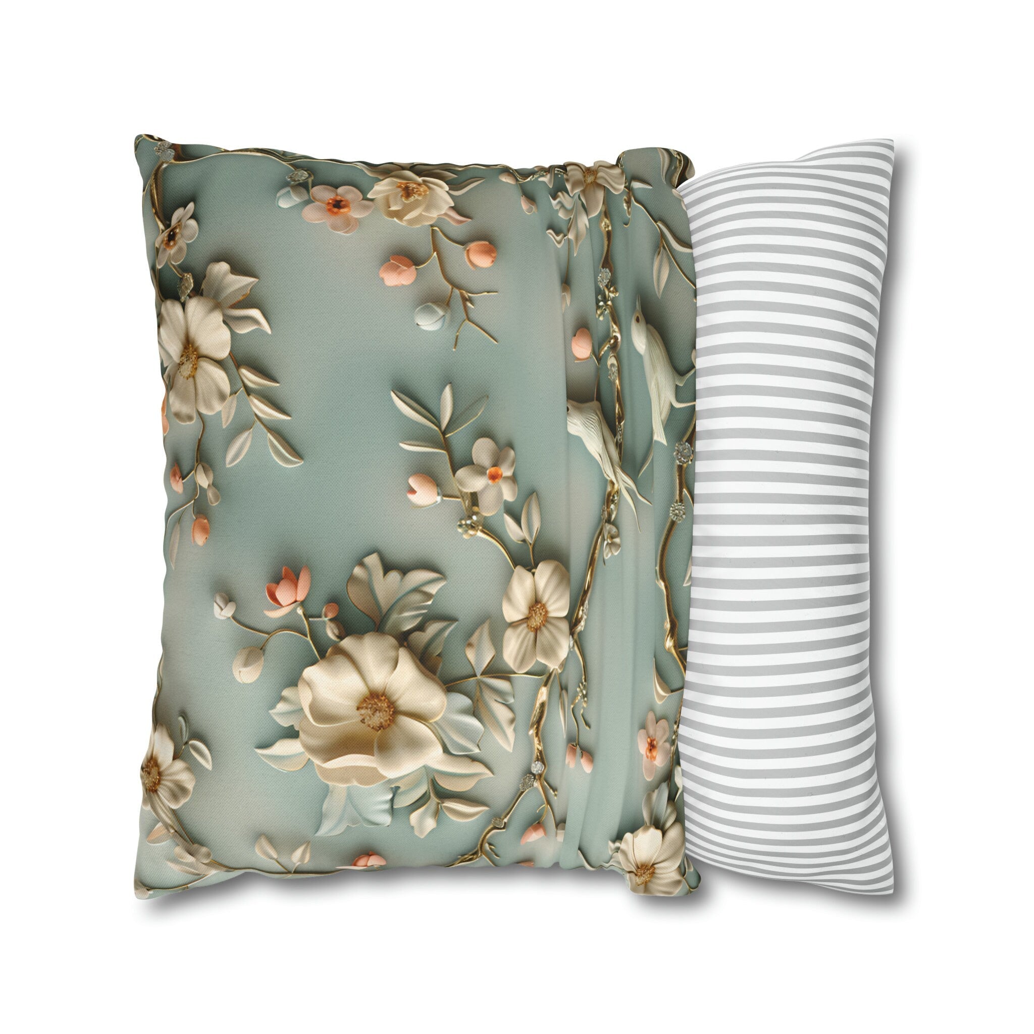 Chinoiserie Pillow Cover: 3D Birds & Blooms, Pastel Blue Accent