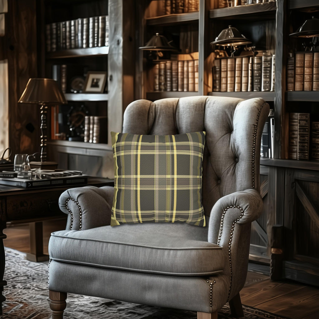 Vegan Faux Suede Material Printed Pillow Cover: Modern Olive & Golden Yellow Plaid Soft Leather-Look