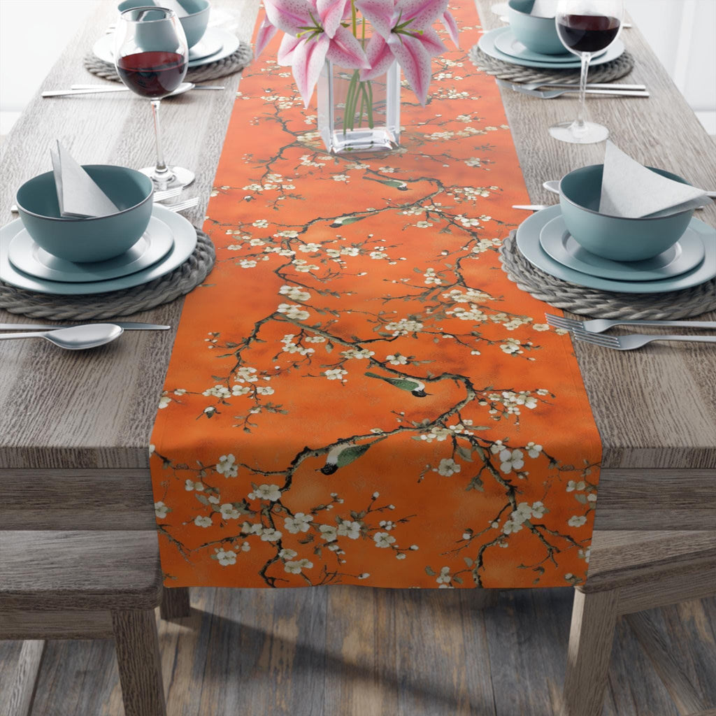 Chinoiserie Table Runner:  Burnt Orange with White Blossoms and Birds for Asian-Inspired Decor