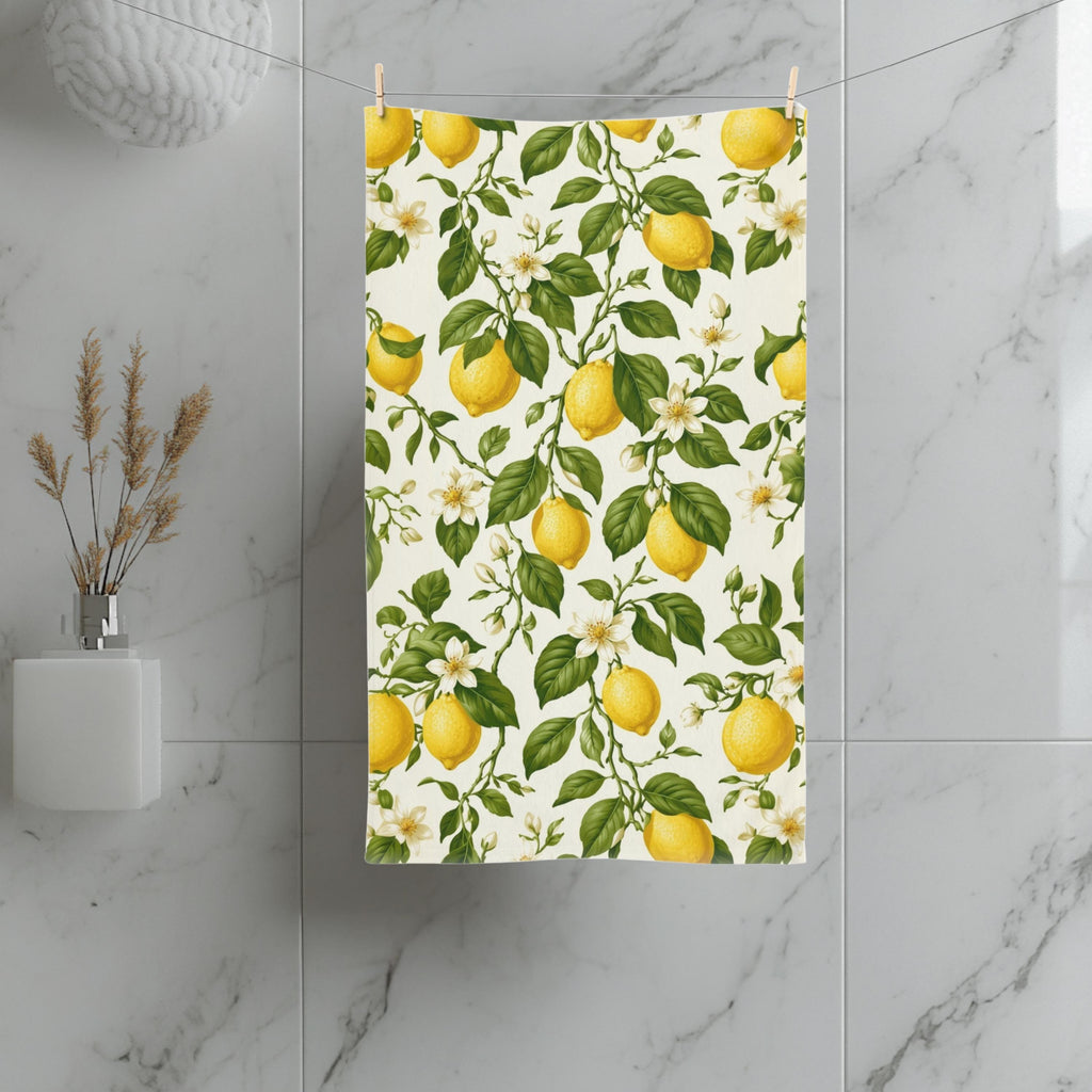 Lemon Hand Towel: with Green Leaves and Florals on a Creamy White Background