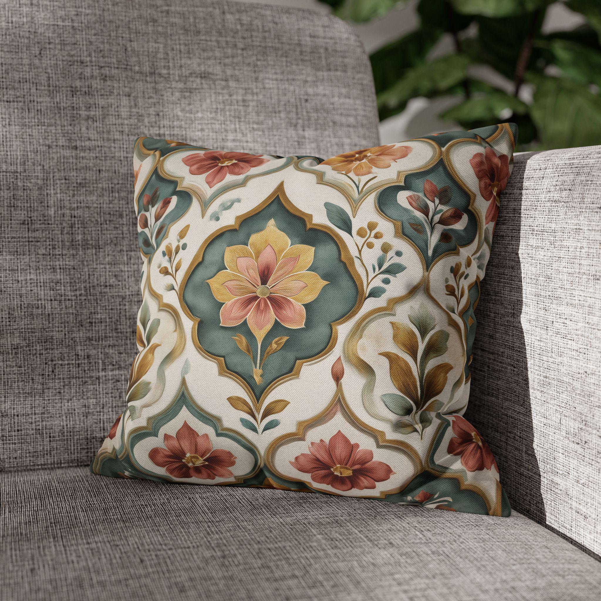 Moroccan Floral Pillow Cover: Teal, Terracotta, Gold Medallion Design