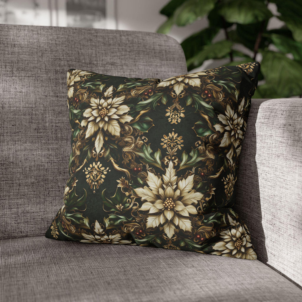 Holiday Poinsettia Pillow cover - Festive Christmas Decor Red Green Gold & Creamy Beige