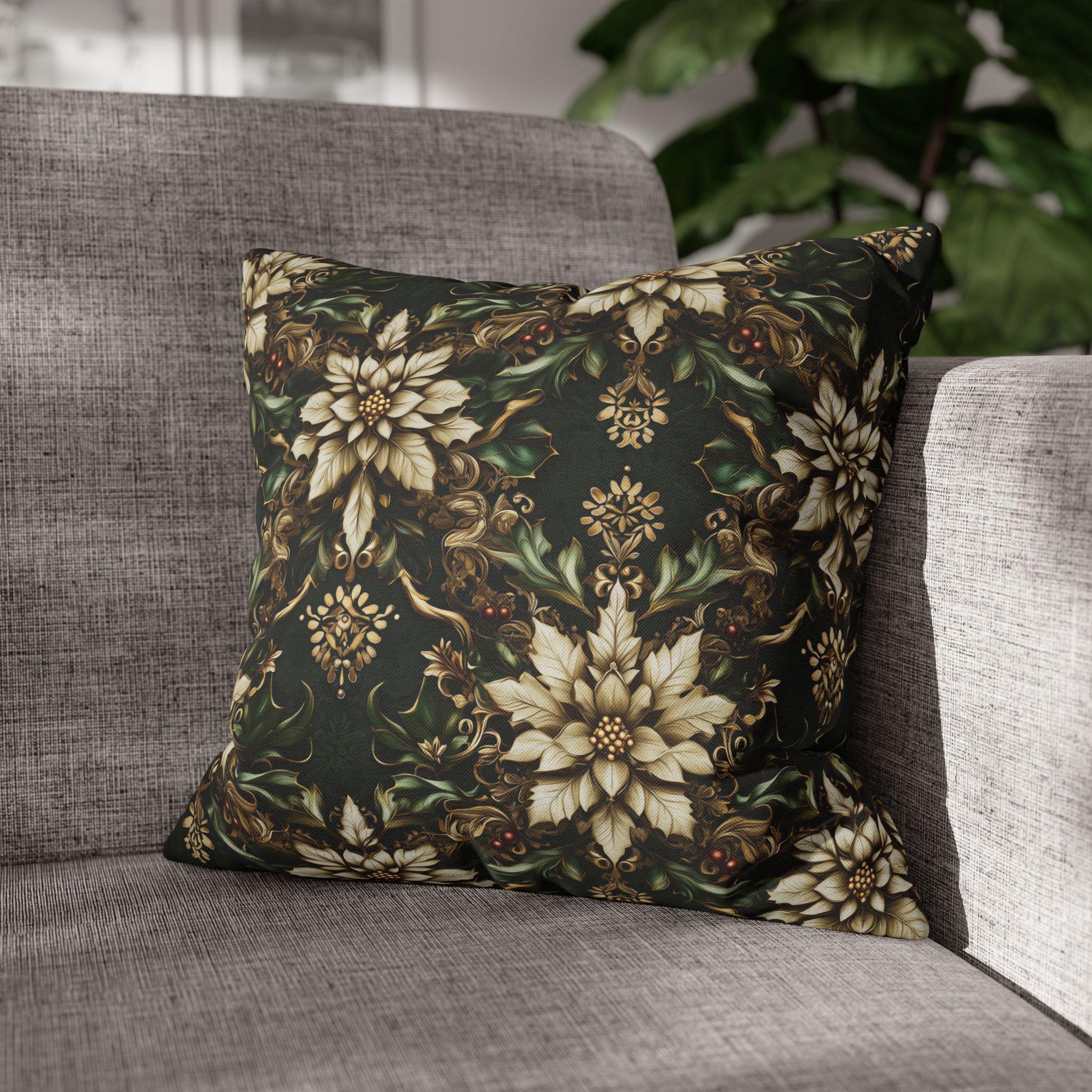 Holiday Poinsettia Pillow cover - Festive Christmas Decor Red Green Gold & Creamy Beige