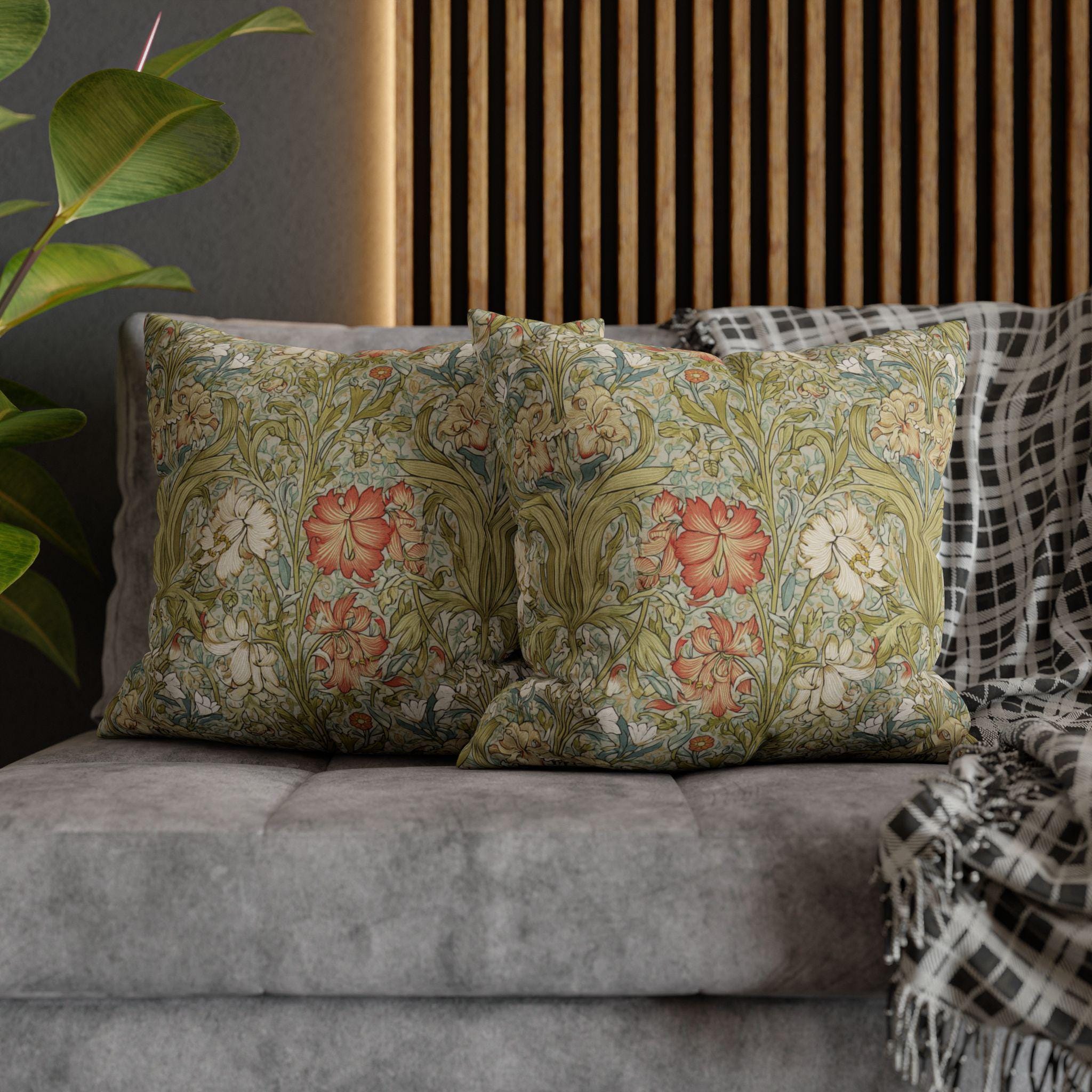William Morris Style Pillow Cover: Soft Sage, Coral and Ivory Botanical Floral