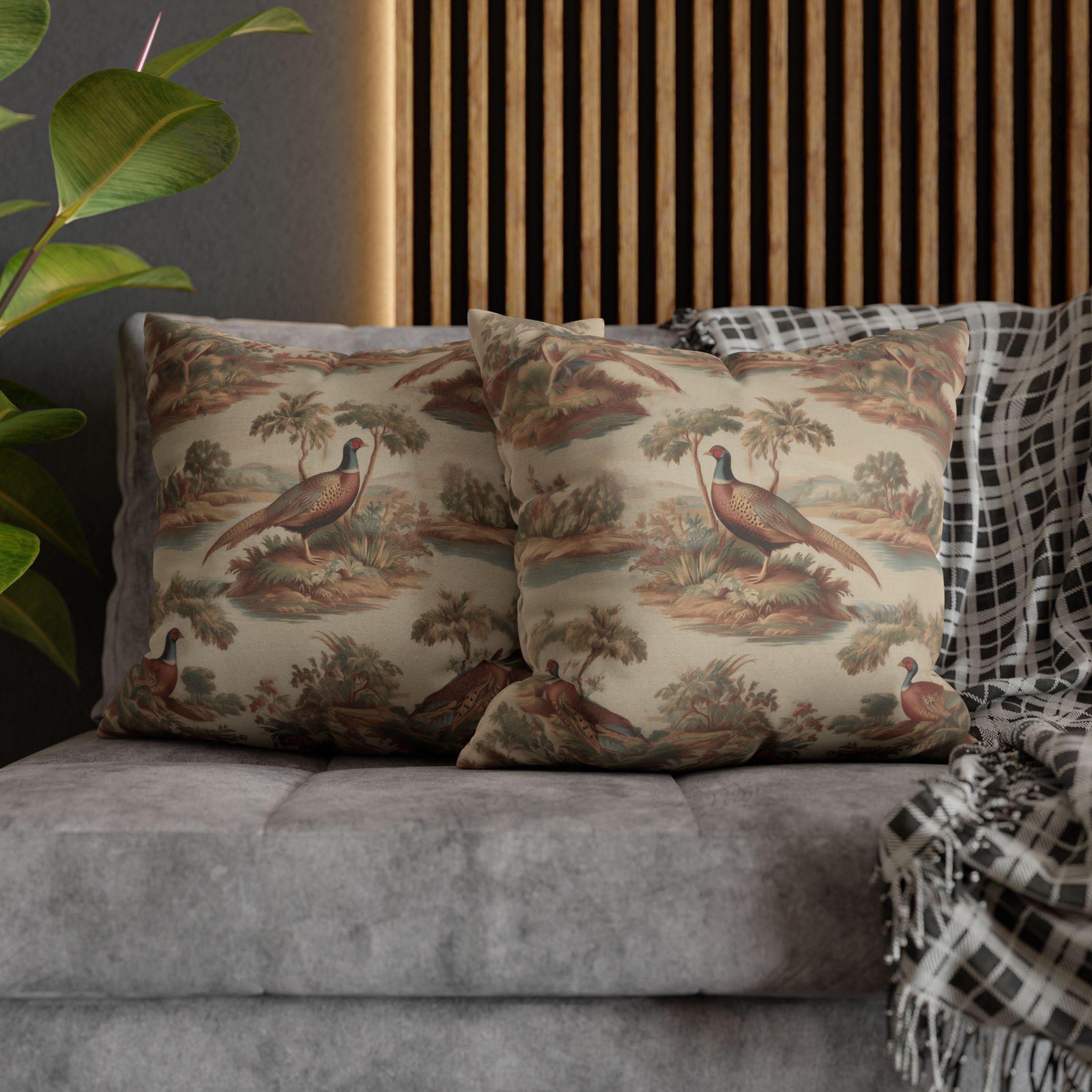 French Toile Pheasant Pillow Cover: Vintage Style Country Bird Scene