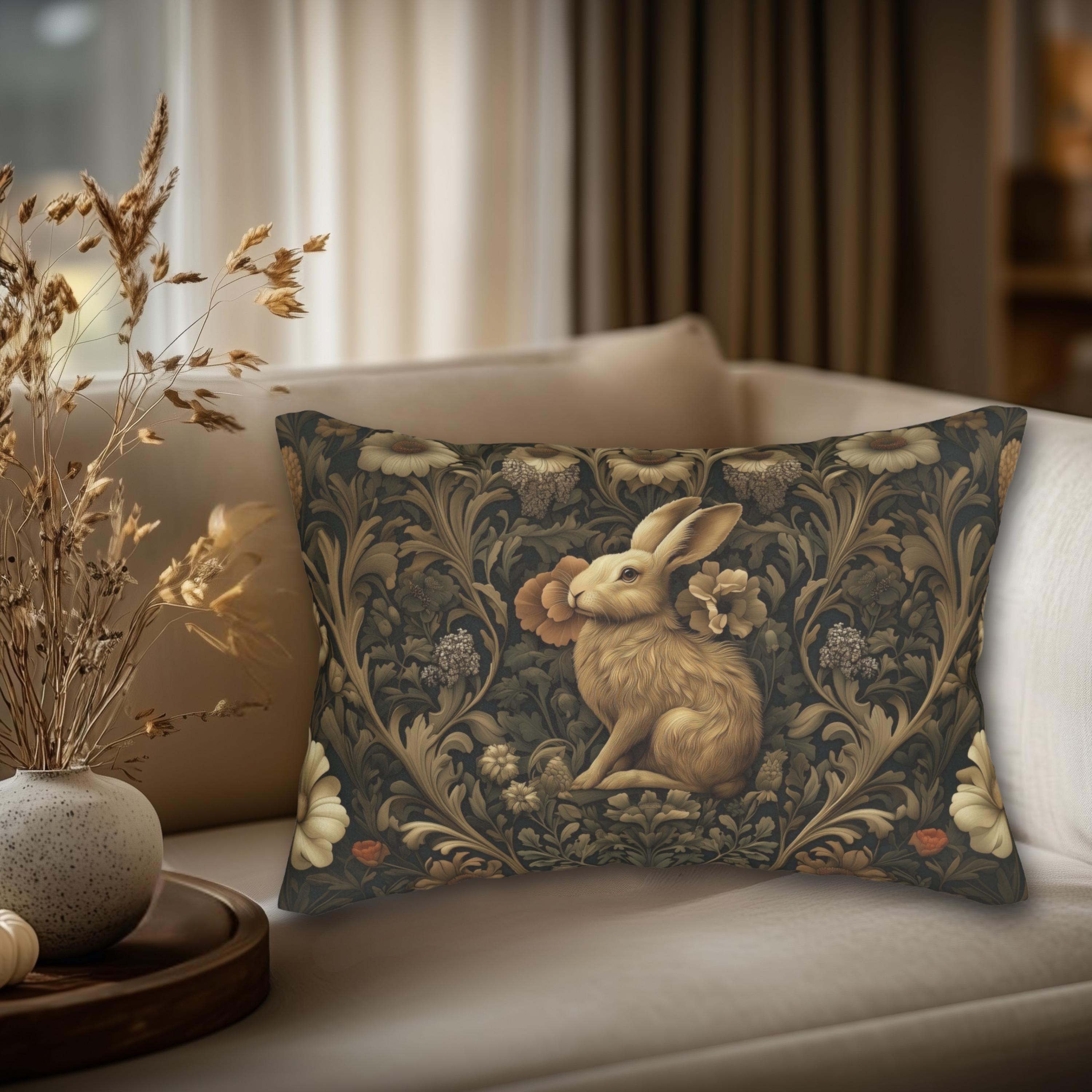 William Morris Inspired Wild Hare Lumbar Pillow: Garden Botanical Woodland Design