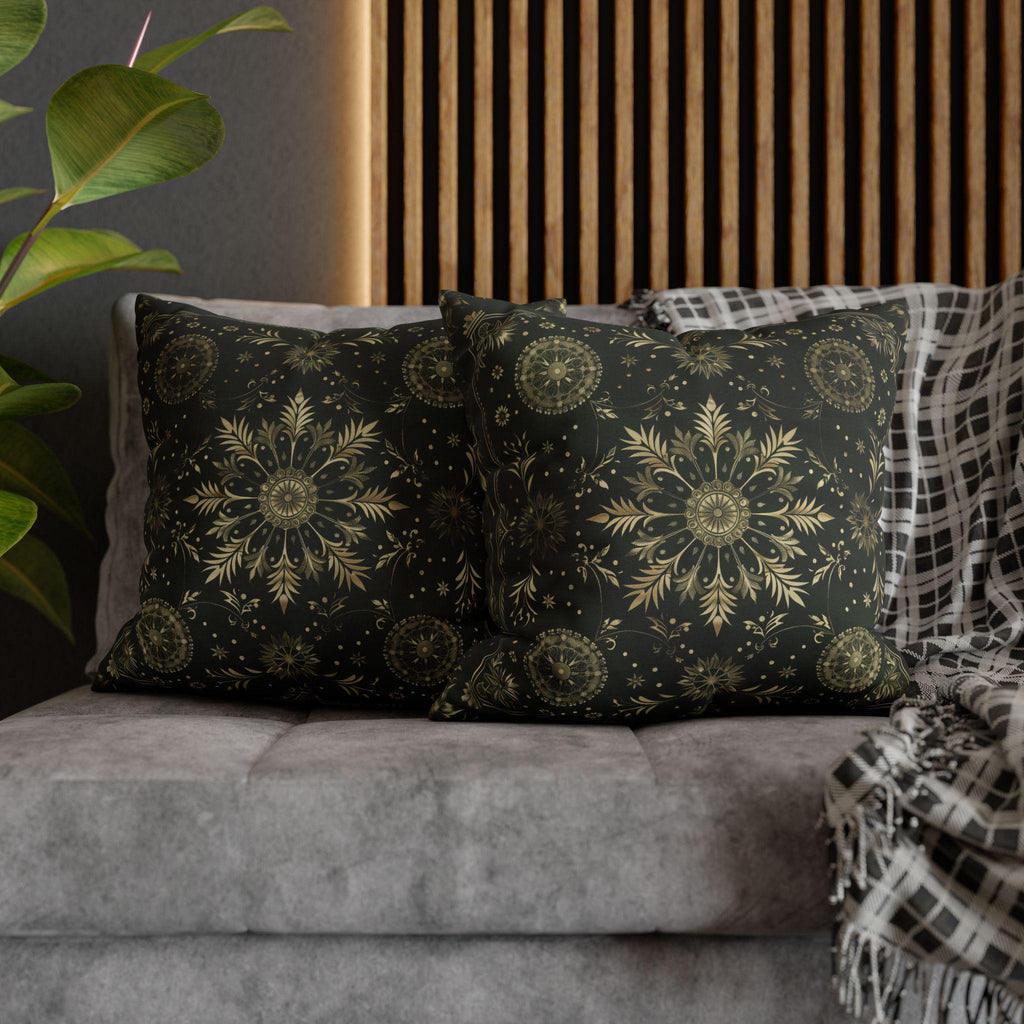 Elegant Dark Emerald Green Christmas Pillow Cover with Golden Snowflakes: Luxurious Holiday Decor