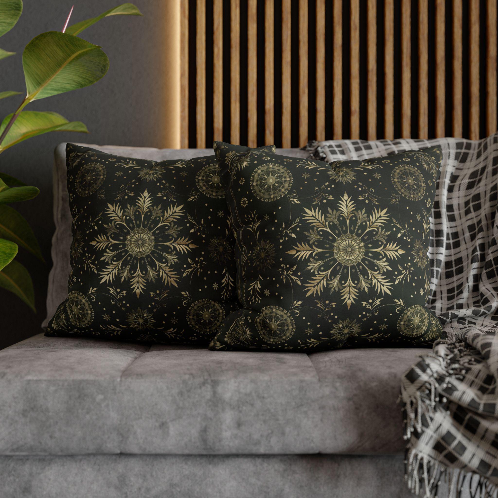 Elegant Dark Emerald Green Christmas Pillow Cover with Golden Snowflakes: Luxurious Holiday Decor