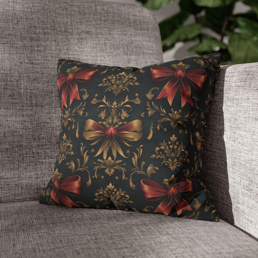 Baroque Christmas Pillow Cover: Green Charcoal Red Gold Bows