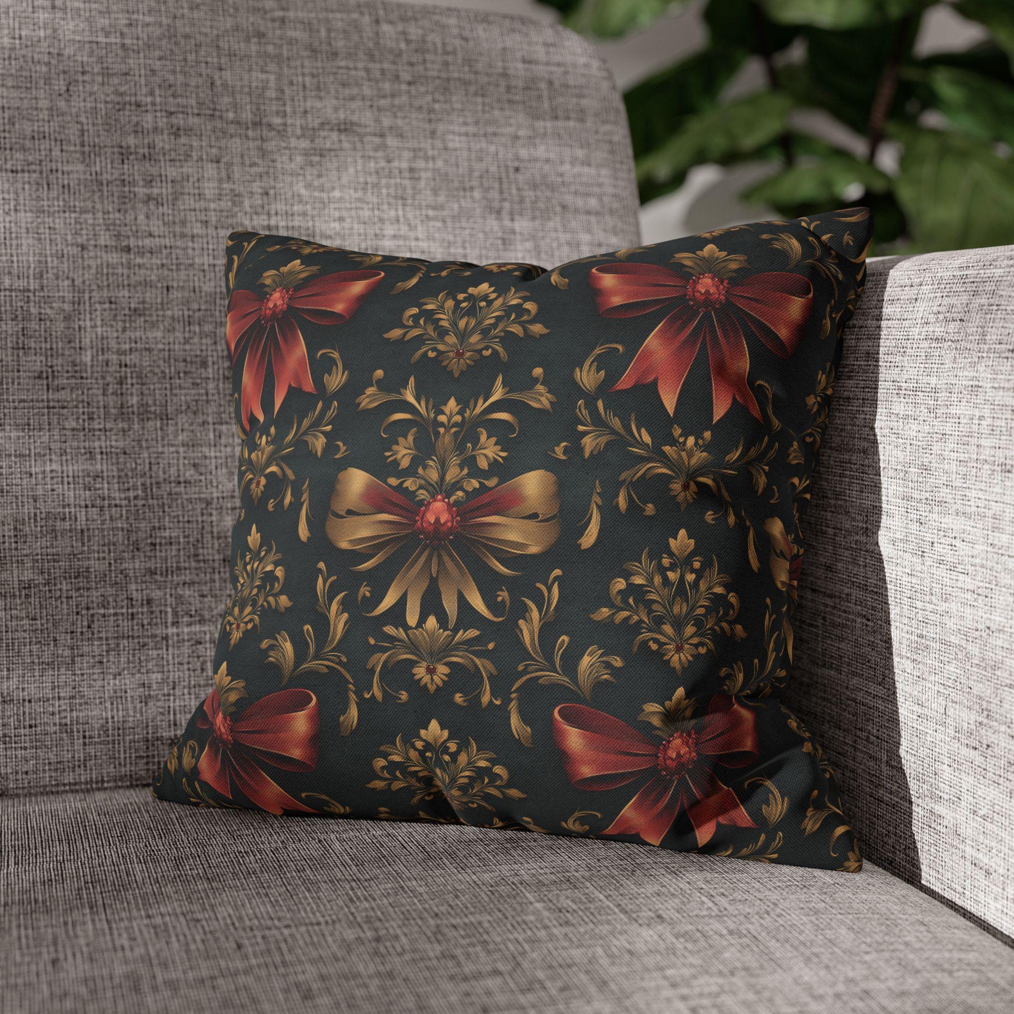 Baroque Christmas Pillow Cover: Green Charcoal Red Gold Bows