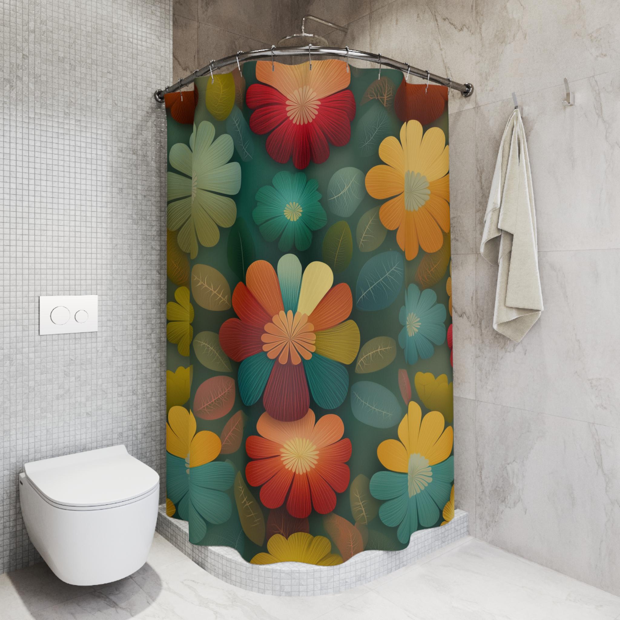 Retro Botanical Shower Curtain: Boho Floral Fabric in Teal, Mustard, and Terracotta