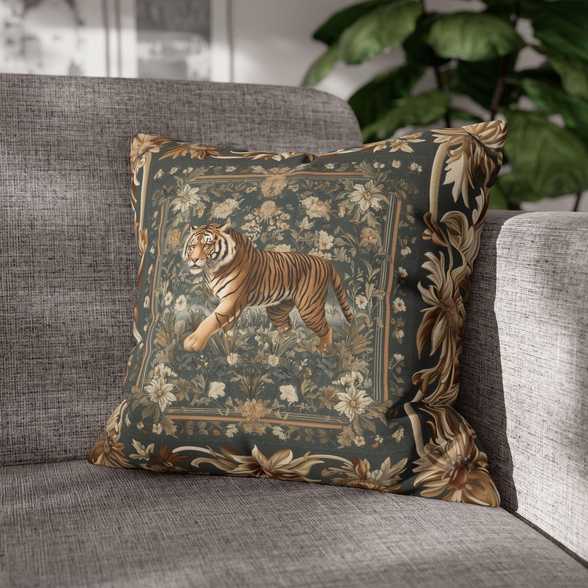Tibetan Tiger Botanical Tapestry Pillow Cover: William Morris Inspired Garden Art
