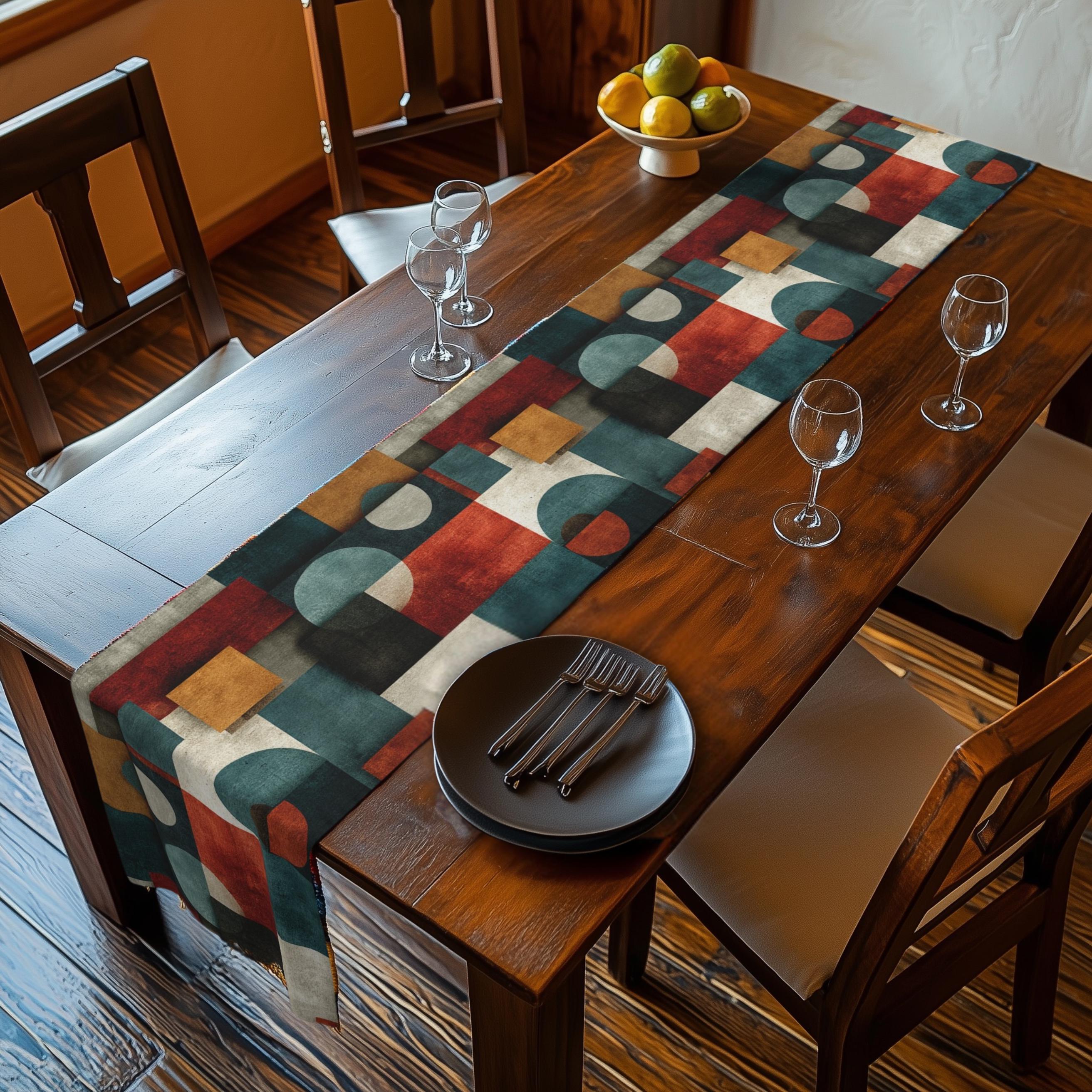Bauhaus Table Runner: Geometric Mid Century Modern Decor in Teal-Gray, Rust and Cream
