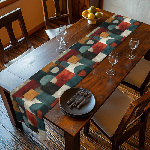 Bauhaus Table Runner: Geometric Mid Century Modern Decor in Teal-Gray, Rust and Cream