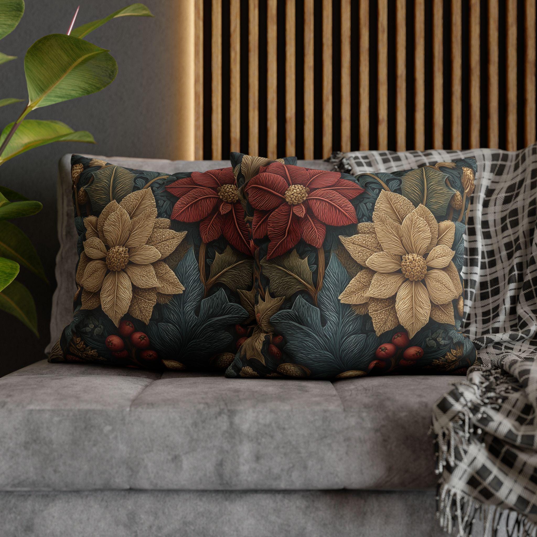 William Morris Christmas Pillow Cover: Wine and Taupe for n Gray Poinsettia Woodland Illustration