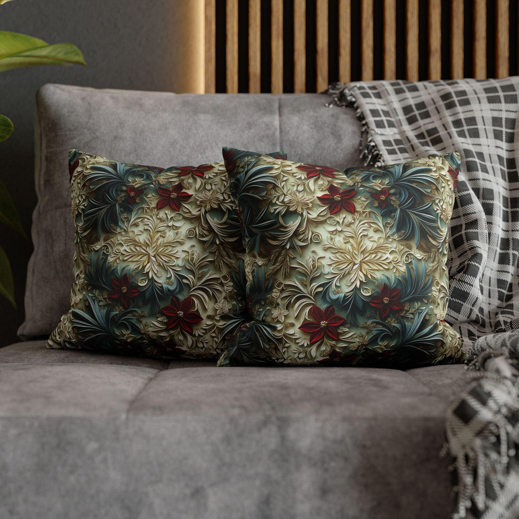 Luxurious Poinsettia Floral Pillow Cover: Elegant Red, Gold & Green Holiday Home Decor Accent