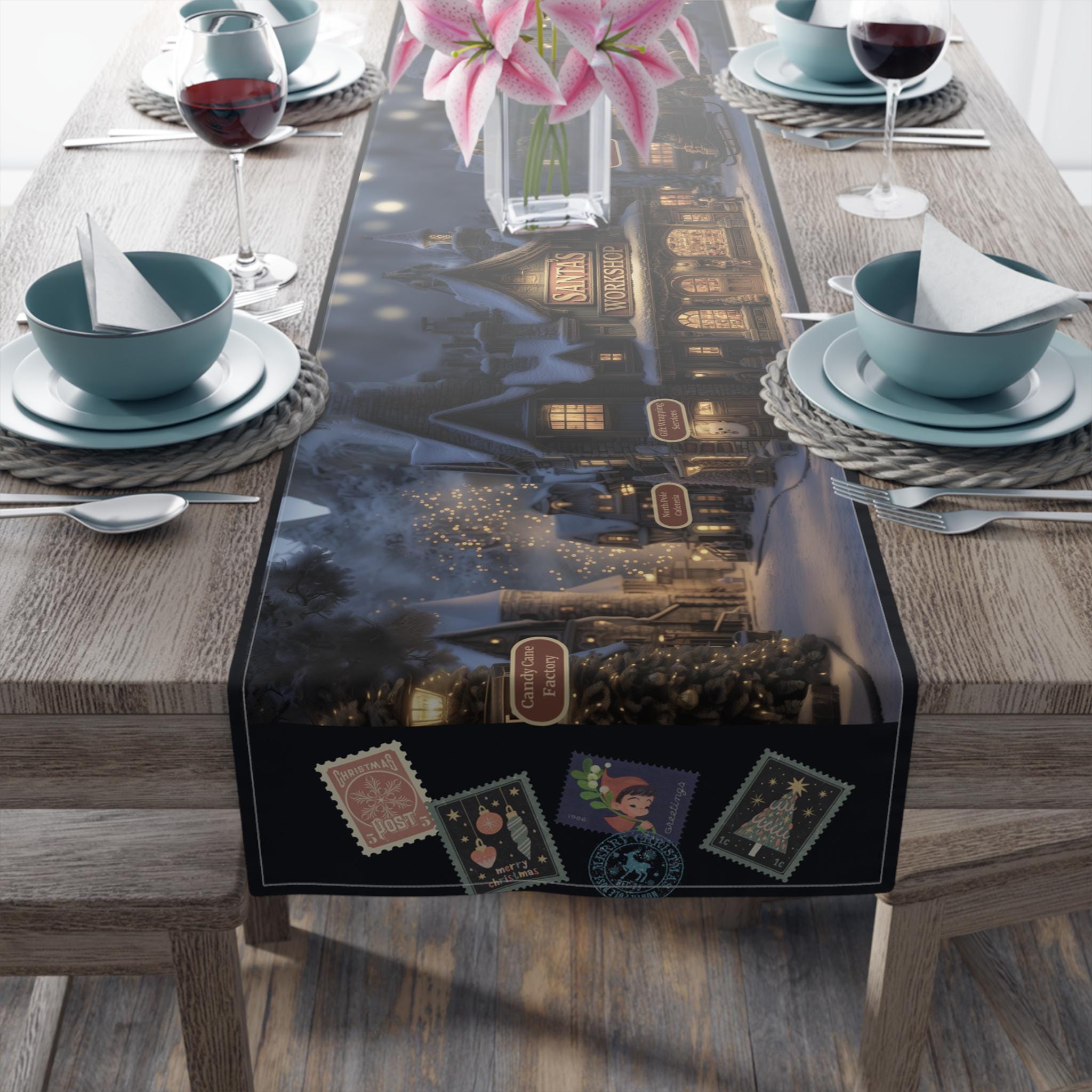 Vintage Style North Pole Christmas Table Runner: Navy, Gold, Pine