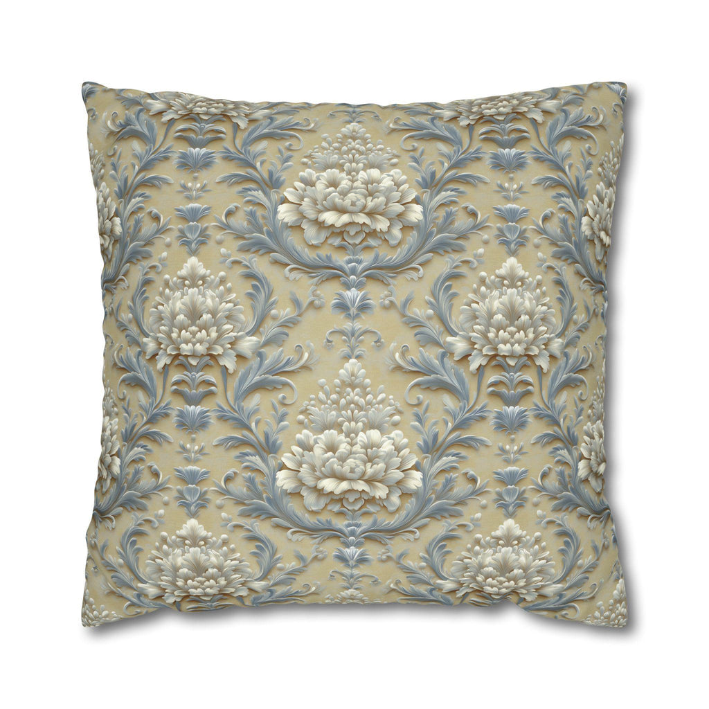 Damask Floral Pillow Cover: Blue & Gold Cushion Case - Classic Decor